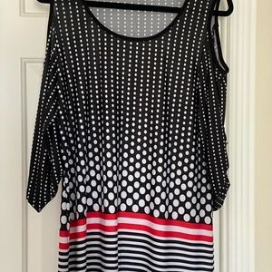 michael tyler  dots and stripes long top with open shoulder